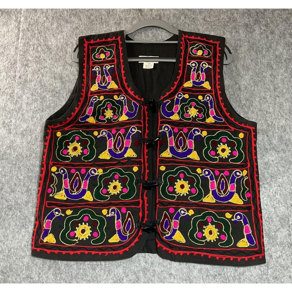 Instyle New York Vest Womens Medium Black Embroidered Peacock Cotton Boho India